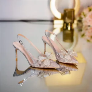 Comfortable Summer Open Toe Silver Bow Heels