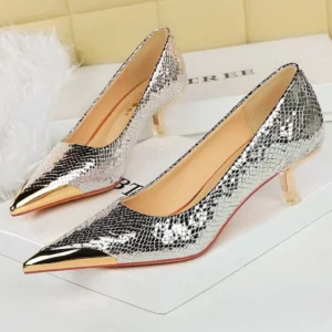 Sequin Cloth Snake Pattern Mid-Heeled Shoes